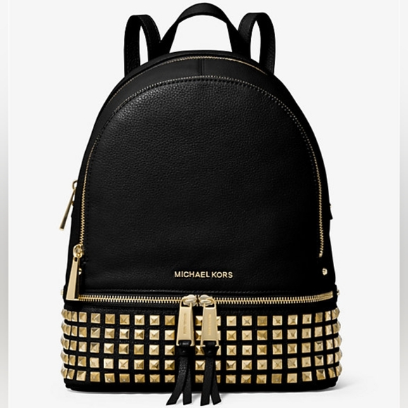 Michael Kors Handbags - MICHAEL KORS Rhea Medium Black Studded Pebbled Leather Gold Details Backpack